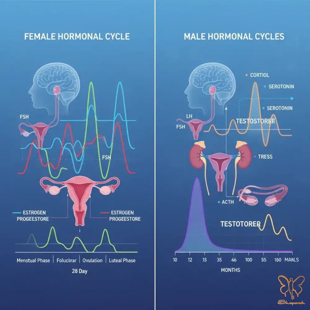 مقایسه چرخه هورمونی در زنان و مردان در کلینیک شاپرک مشهد مقایسه چرخه هورمونی در زنان و مردان در کلینیک شاپرک مشهد